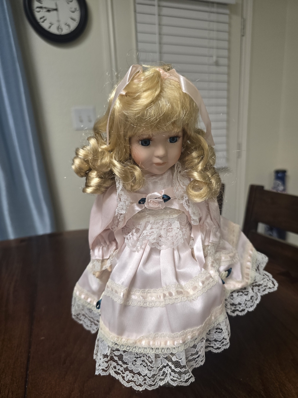 Blonde Porcelain Doll in Pink Lace Dress
